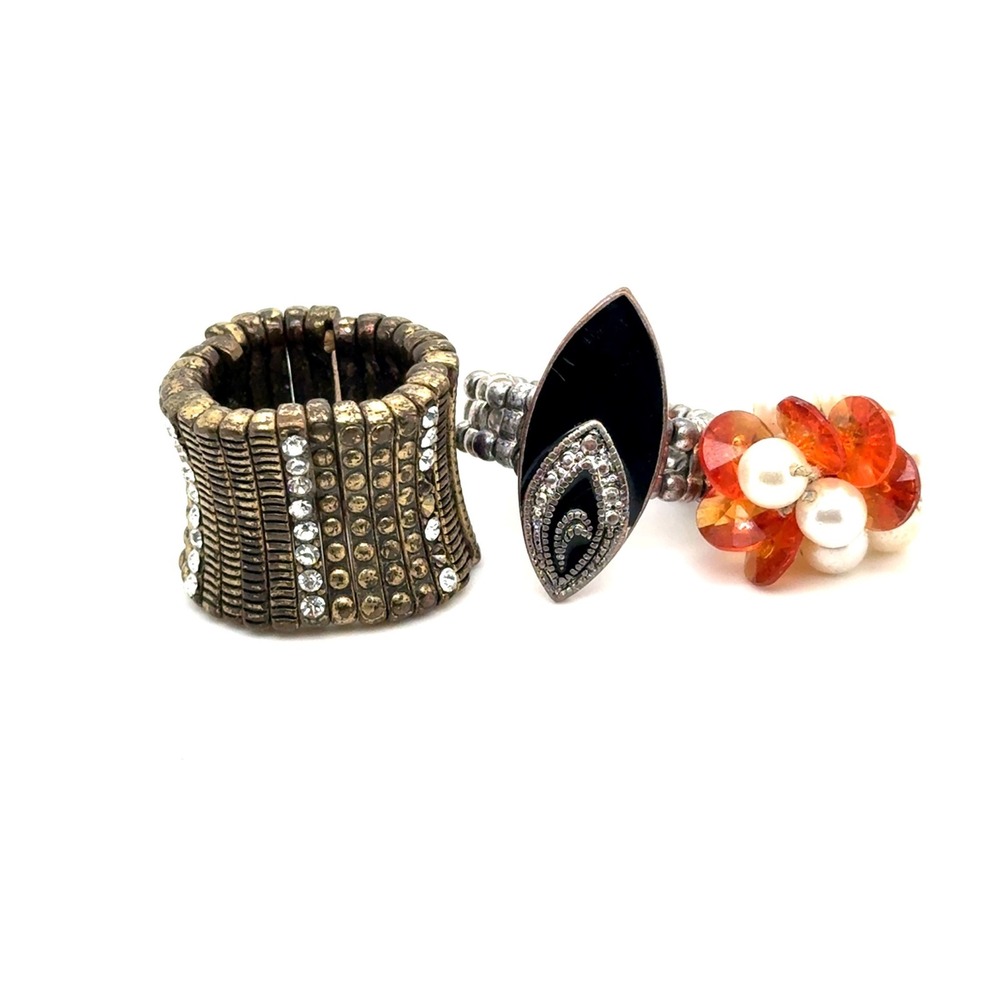 Set of 3 Women's Stretch Rings Faux Pearl Rhinestone Brass Silver Color